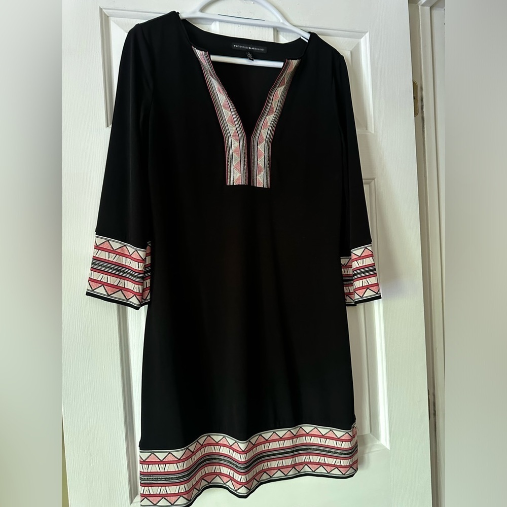 White House Black Market black shift dress with pink, and white geometric print - Picture 5 of 7